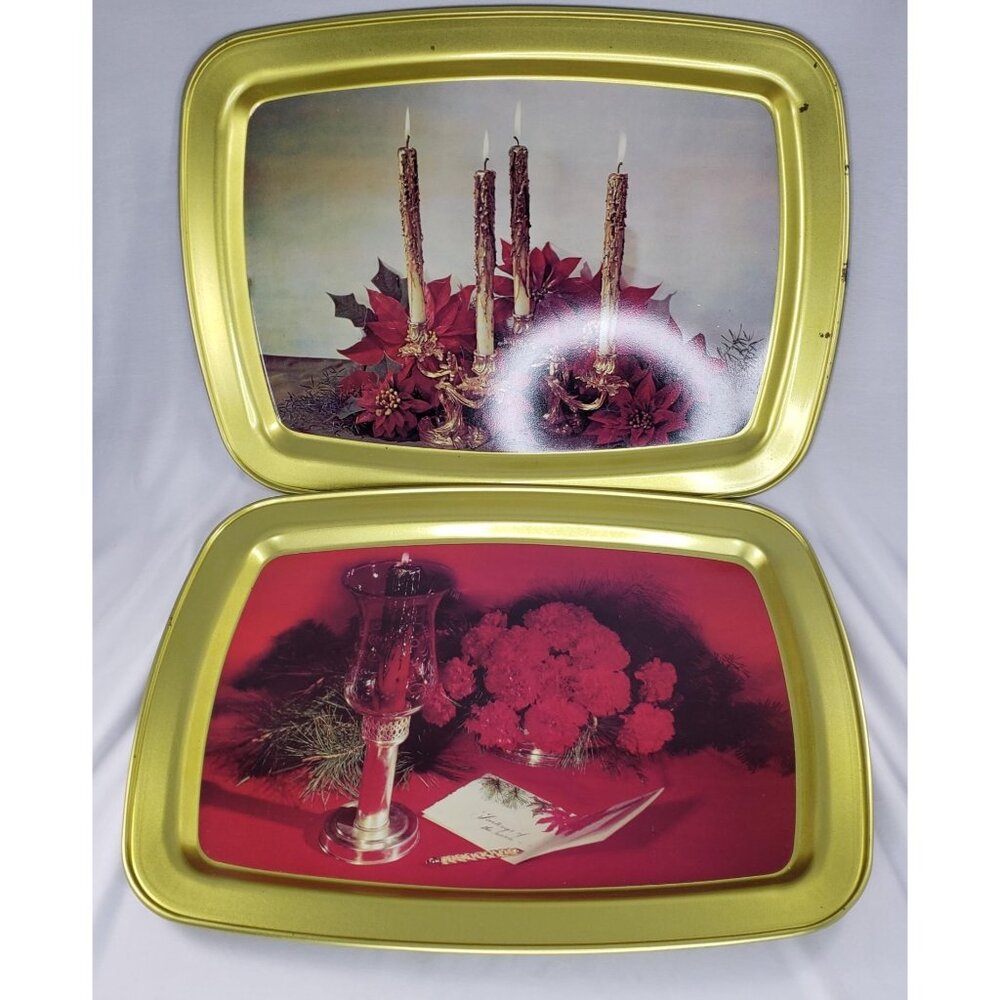 Vintage MCM Christmas Kitsch Tray Candles Poinsettia Flower Gold